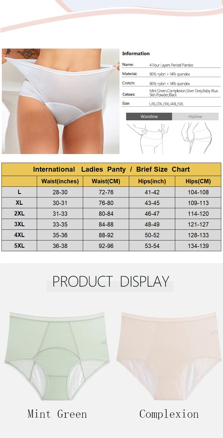 Women Menstrual Panties 5pcs High Waist Menstruation Underpants Leak Proof Period Briefs L-8XL Plus Size Physiological Briefs.