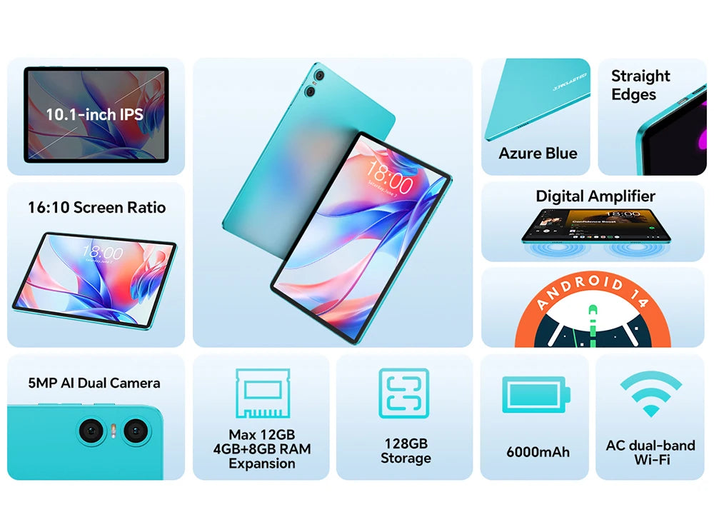 Teclast P30 Android 14 Tablet, UNISOC T606 Octa Core, 10.1" IPS, Max 12GB RAM, 128GB ROM, 6000mAh, 5MP AI Camera, Face Unlock.
