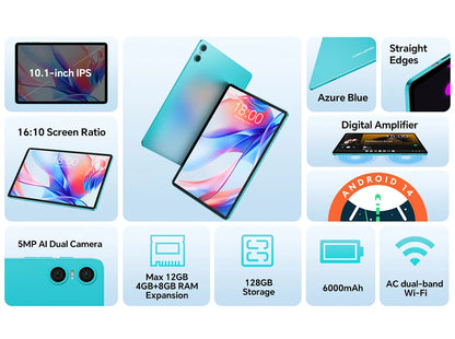 Teclast P30 Android 14 Tablet 10.1" IPS, Max 12GB RAM (4GB+8GB Expansion), 128GB ROM, UNISOC T606, Dual Cameras, Face Unlock.