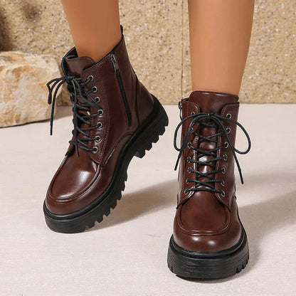 Women's Pu Leather Platform Ankle Boots Plus Size 35-42 Lace Up Motorcycle Boots Women Comfort Wide Leg Black Short Booties.