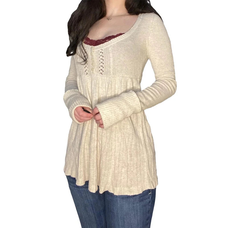Vintage Babydoll Tops Pullover Lady Ästhetische Kokette Strickpullover Outfit Herbst Square Neck Langarm Strickwaren Pullover Y2k.