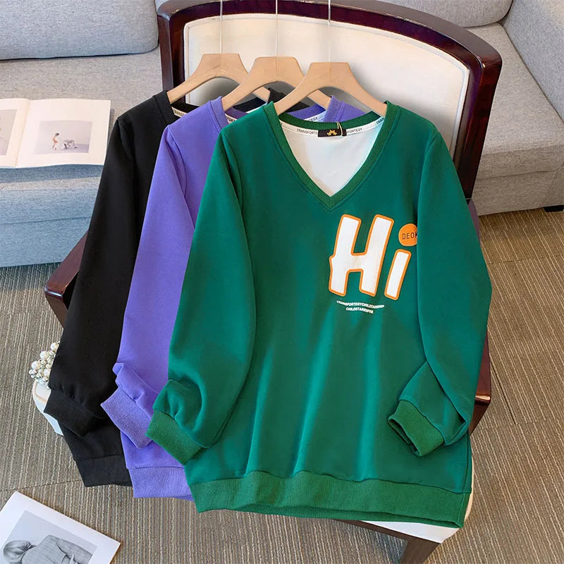 150kg plus size Damen büste Herbst Frühling loser V-Ausschnitt Brief druck Langarm Sweatshirt 6xl 7xl 8xl 9xl 10xl.