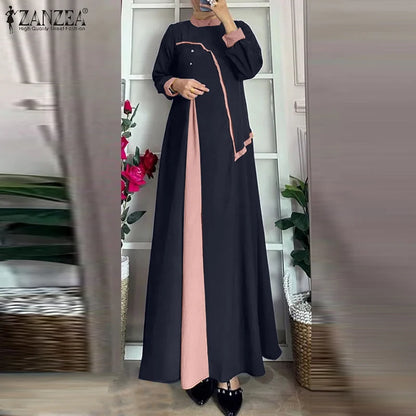 ZANZEA Women Autumn Patchwork Long Sleeve Maxi Dresses Muslim Turkey Abaya Dress Hijab Sundress Robe Femme Loose Vestidos Kaftan.