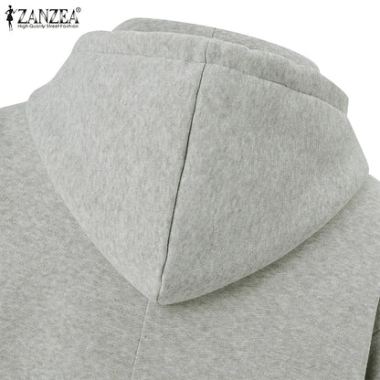 ZANZEA Plus Größe Sweatshirt 2025, Mode Herbst Winter Solide Frauen Warme Kapuze Tops Lose Beiläufige Pullover Langarm Hoodies