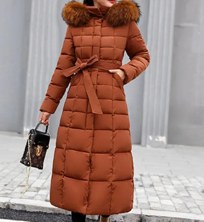 Neue Wintermode Langarm Pelzkragen Reißverschluss Einfarbig Slim Fit Lange Version Dicke Daunenjacke Mit Kapuze Für Frauen, 6 Farben.