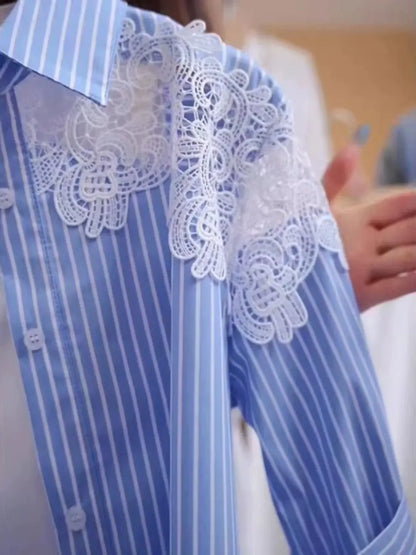Lace Hook Splicing Polo Neck Striped Women Shirt Spring New Loose Jacket Top.