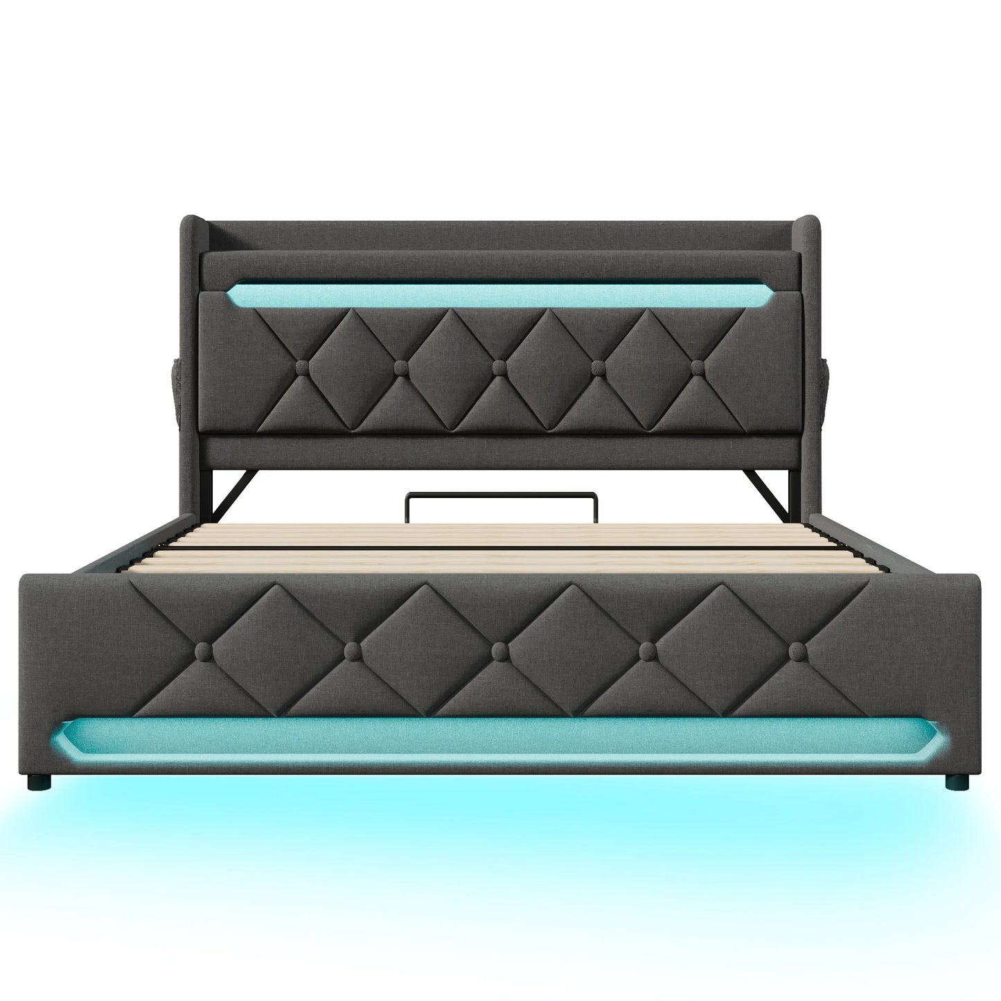 KOMHTOM Doppelbett Leinen, mit USB und Typ C-Port, 360-Surround-LED-Funktion, Hydraulischer Stauraum, ohne Matratze