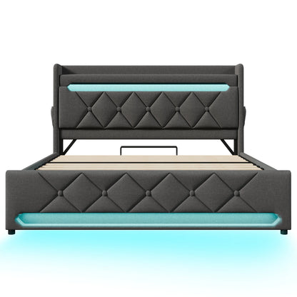 KOMHTOM Doppelbett Leinen, mit USB und Typ C-Port, 360-Surround-LED-Funktion, Hydraulischer Stauraum, ohne Matratze