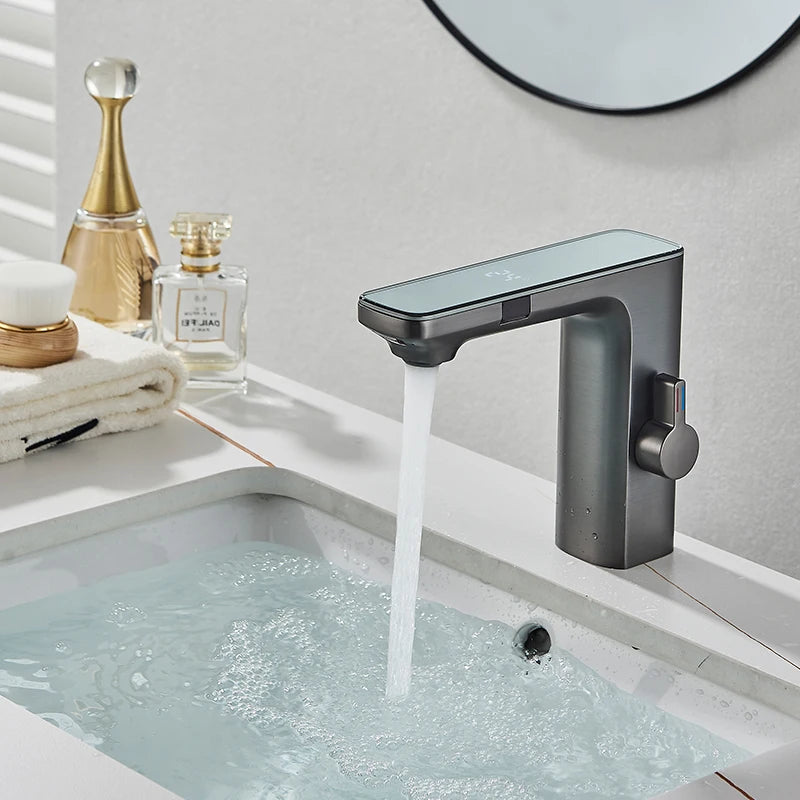 Touchless Sensor Basin Faucet Smart Digital Display Bathroom Sink Faucet Grey Sense Hot Cold Water Mixer Tap Battery Power
