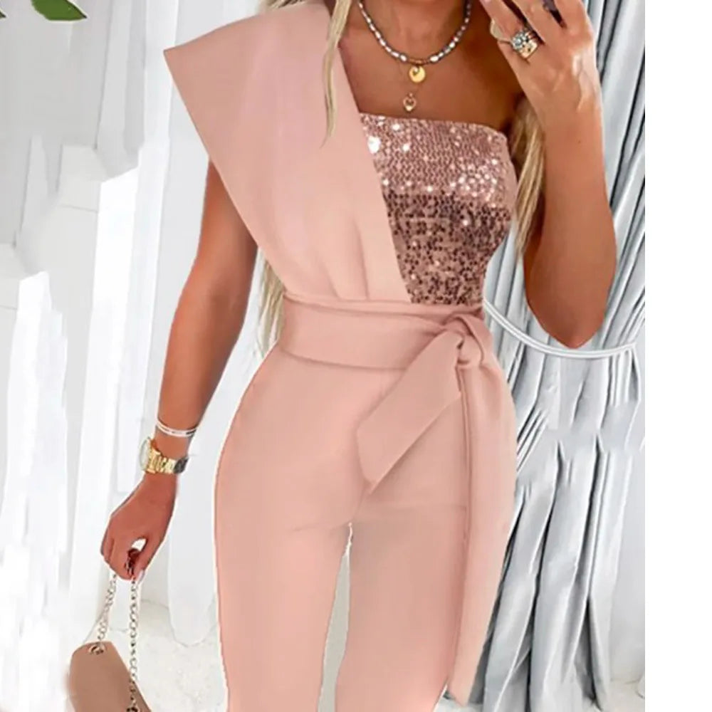 Women Jumpsuits Sleeveless Rompers Overalls Solid One Piece Pencil Pants Slim Belt Slight Strech Spliced Sequins Office Lady.