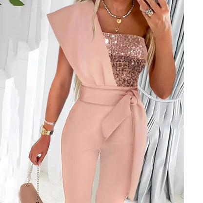 Women Jumpsuits Sleeveless Rompers Overalls Solid One Piece Pencil Pants Slim Belt Slight Strech Spliced Sequins Office Lady.