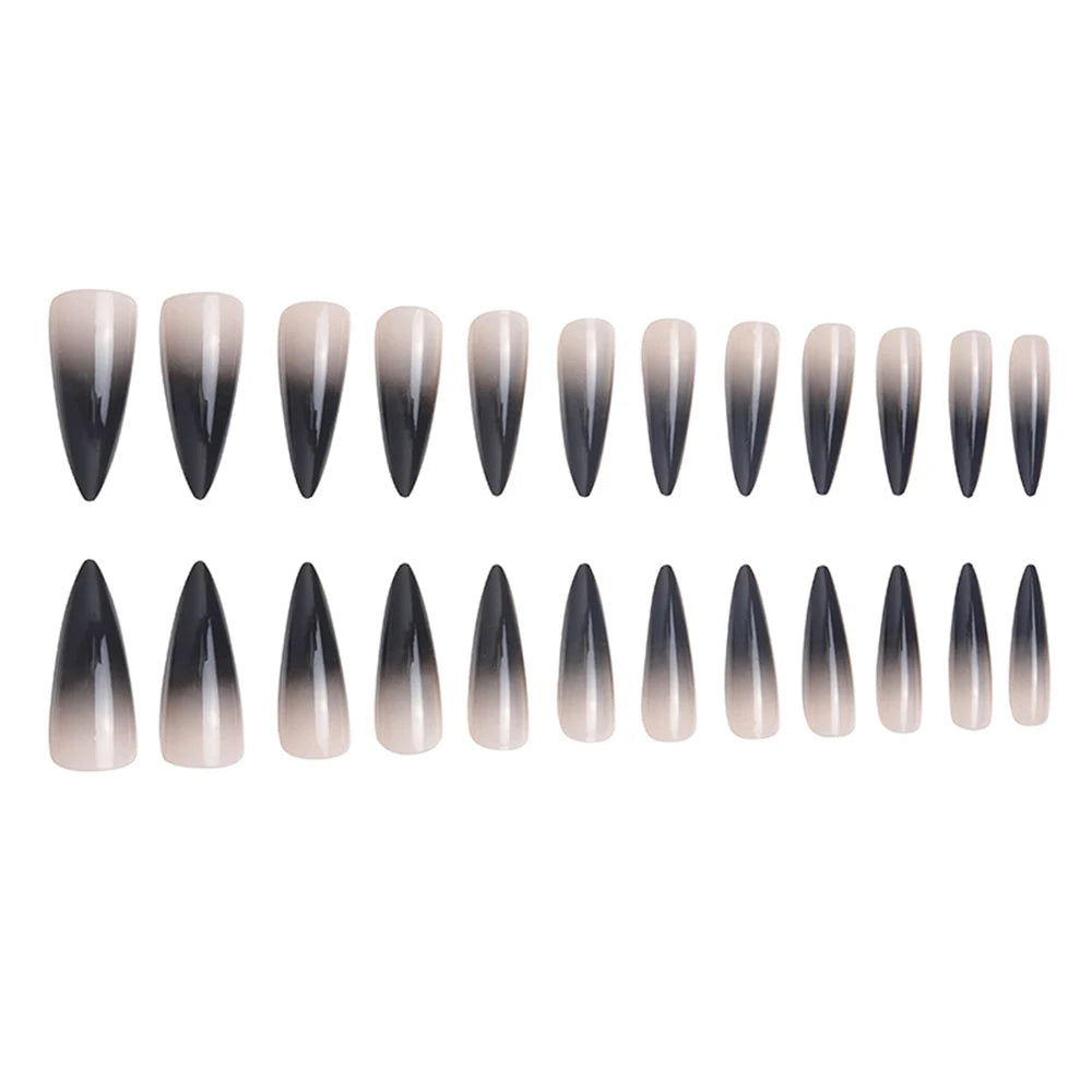 24pcs Black Gradients Long Paragraph Fashion Manicure Patch Reusable Adhesive False Nails Almond Fake Nails Press On Stiletto.