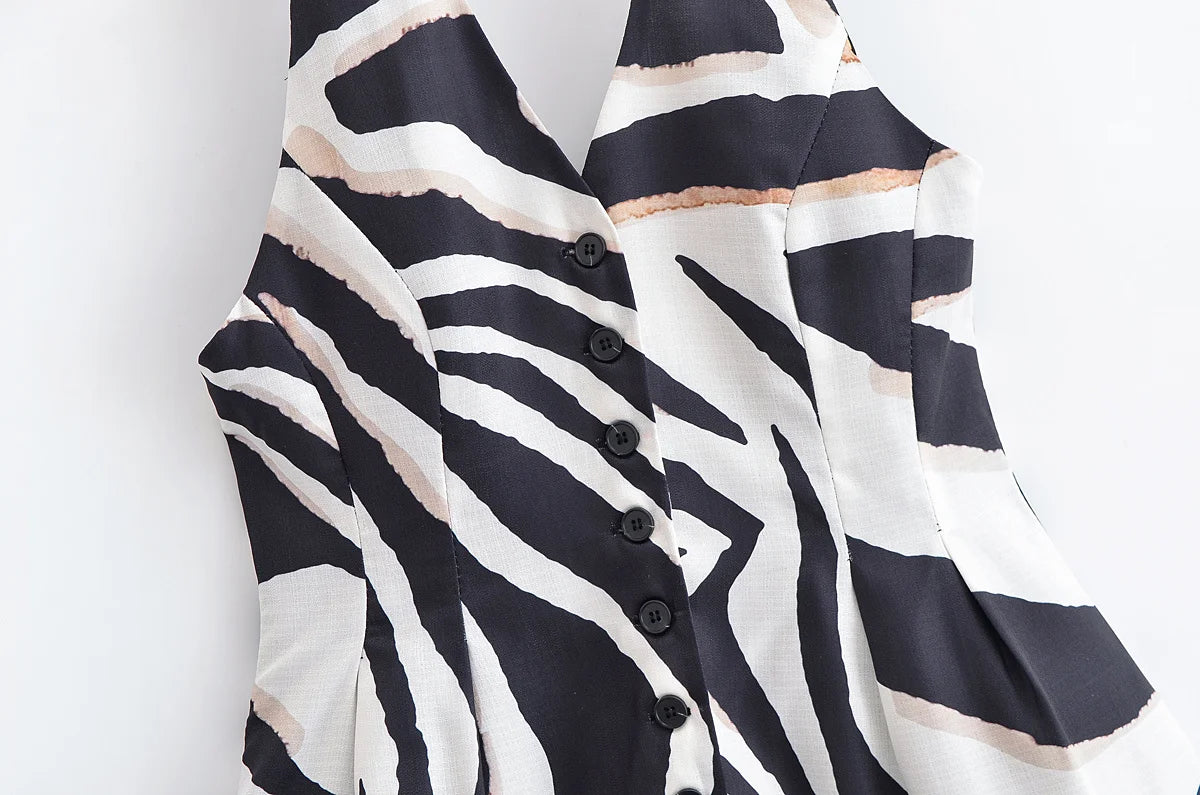 HH Women Pants Suit Fashion Zebra Stripes Single Breasted Sexy Sleeveless V-Neck Top+High Waist Zipper Casual Wide Leg Pants