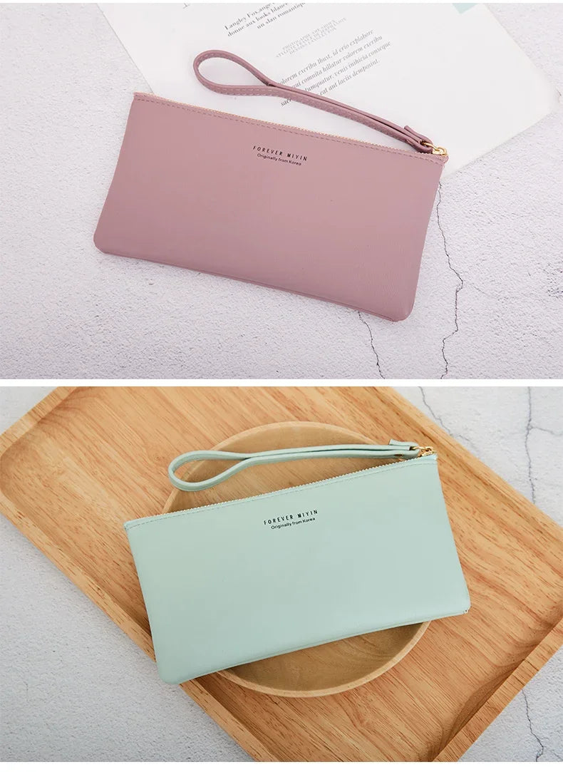 MIYIN Simple and Fashionable Women's Ultra Thin Long Wallet Solid Color PU Leather Zipper Wallet Large Capacity Portable Handbag.