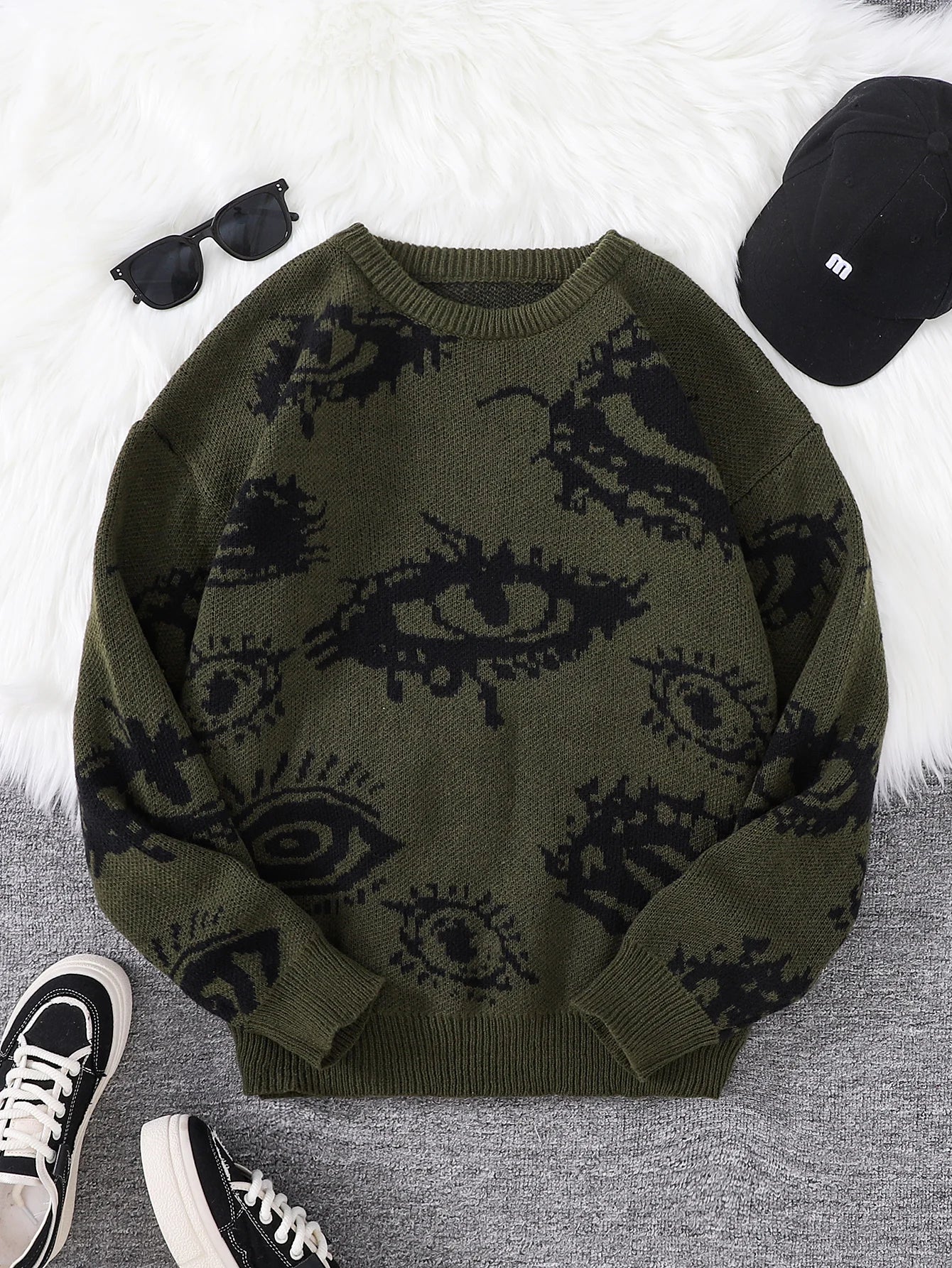 New Popular Autumn and Winter Abstract Eye Jacquard Pattern Pullover Sweater Casual Round Neck Knitted Men's Pullover.