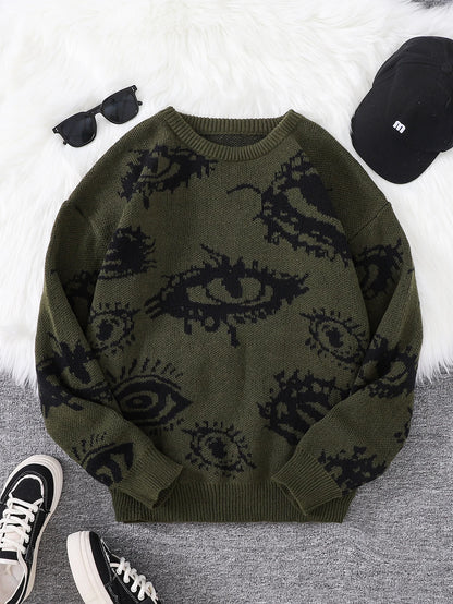 New Popular Autumn and Winter Abstract Eye Jacquard Pattern Pullover Sweater Casual Round Neck Knitted Men's Pullover.