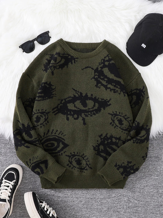 New Popular Autumn and Winter Abstract Eye Jacquard Pattern Pullover Sweater Casual Round Neck Knitted Men's Pullover.