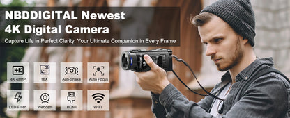 NBD 4K Camcorder Video Camera with 48MP Vlogging Camera With Wi-Fi & App Control,Video Recorder with 3X Battery Life, 16X Zoom.