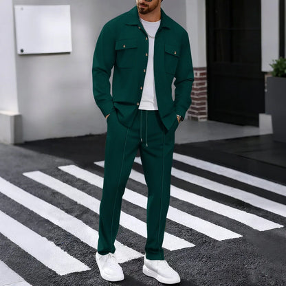 2025 Men's Autumn Casual Street Sport Two-Piece Fashion Solid Color Double-Pocket Collar Buttoned Long-Sleeved Shirt + Pants Set.