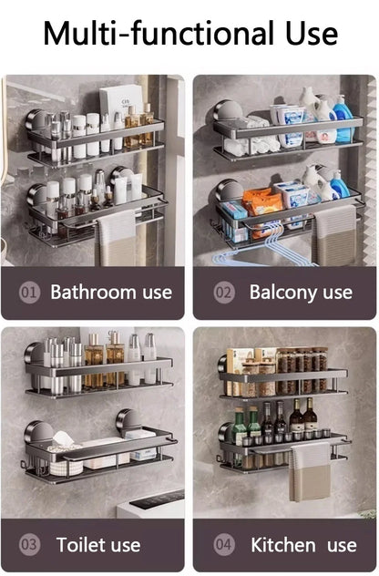 Kein Bohren, Saugnapf, selbstklebendes Badezimmerregal, Badezimmerregal, Toilette, Aluminium-Hängeregal, Badezimmer-Organizer, zum Aufhängen an der Wand