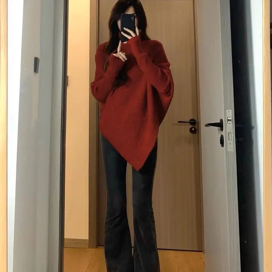 Herbst Winter Neue Frauen Pullover Koreanische Mode Chic Casual Rollkragen Solide Asymmetr Lose Batwing Hülse Pullover Gestrickte Tops.