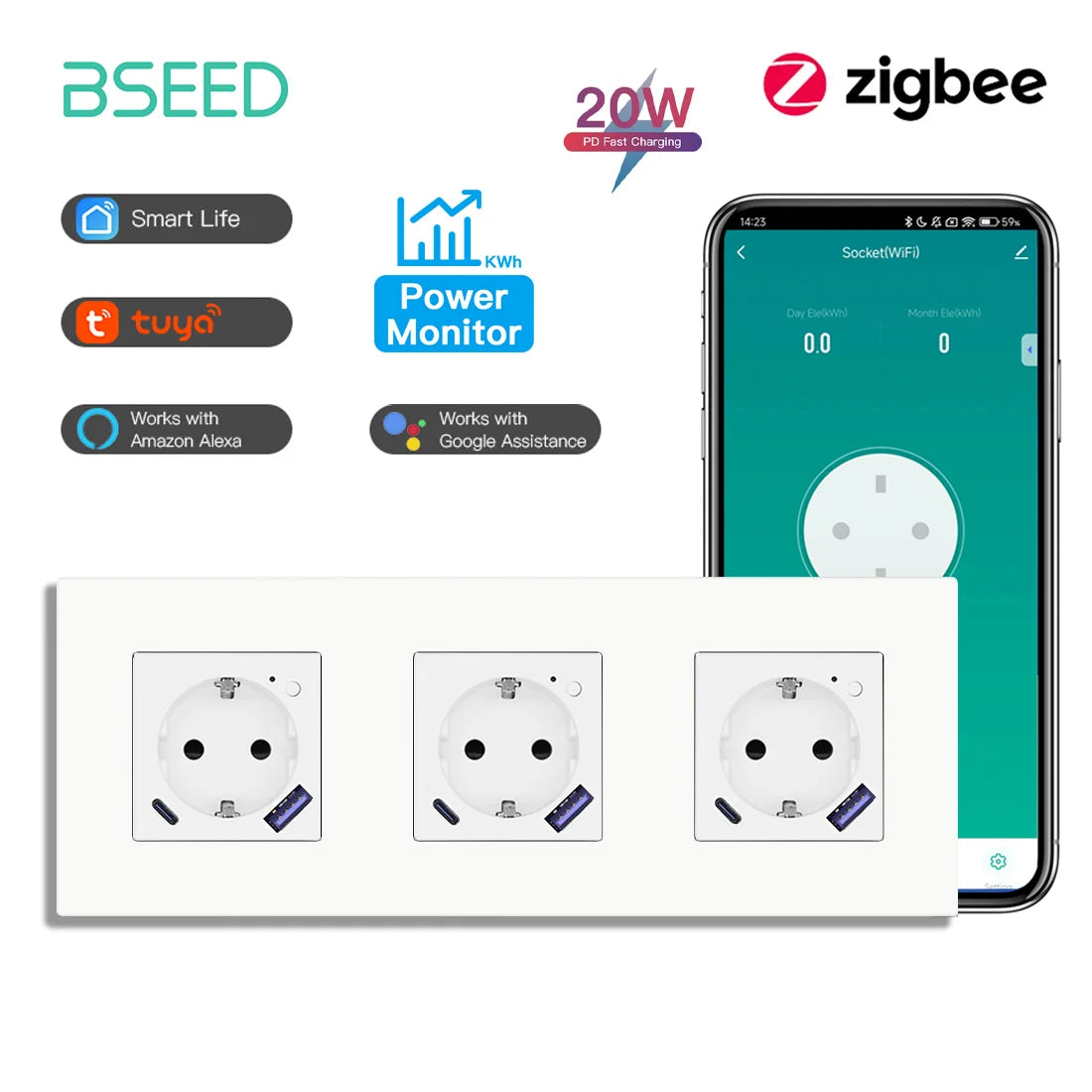 BSEED Zigbee Smart AC Steckdose EU Steckdosen mit USB Typ-c Schnellladeanschlüssen Tuya Smart Life Alexa App Kunststoffrahmen Weiß.