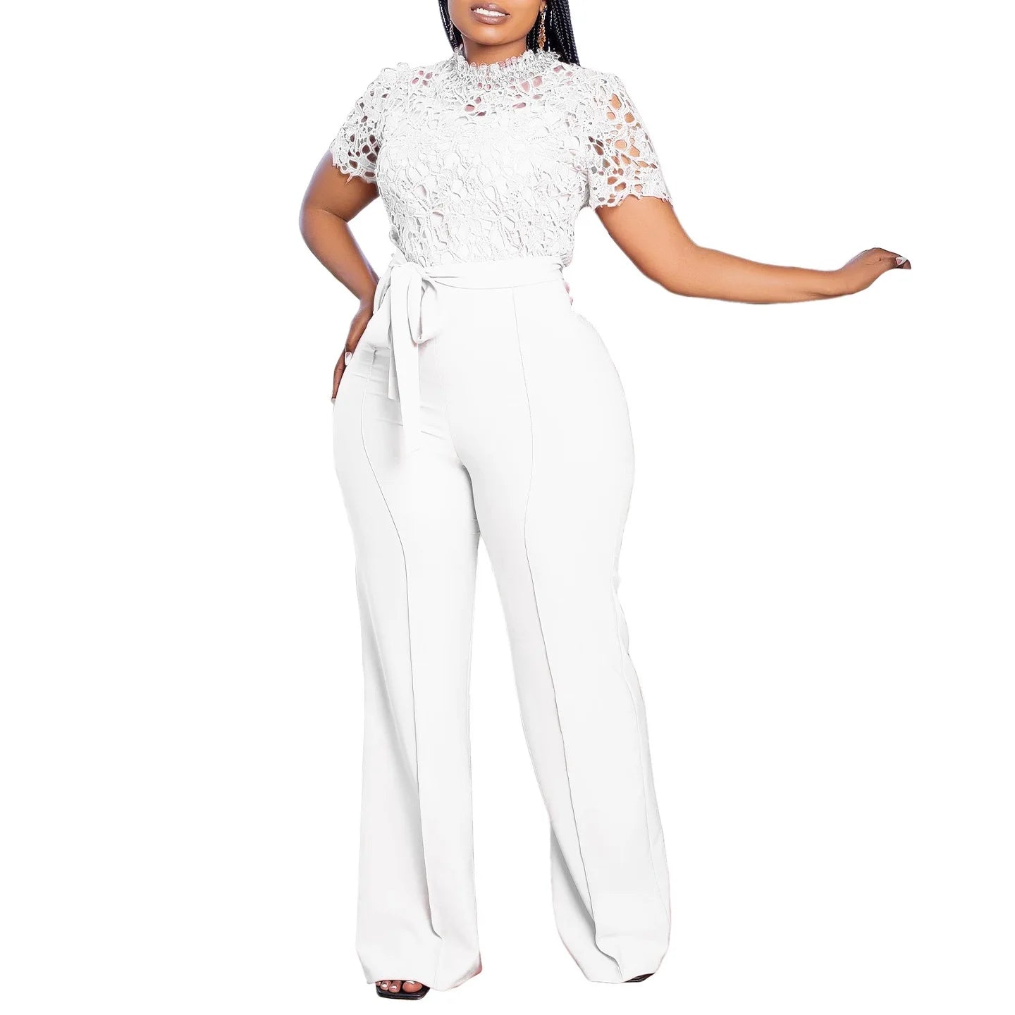 Elegant Jumpsuits & Rompers for Women O Neck Lace Patchwork Short Sleeve Sashes High Waisted Luxury Birthday Party Dinner Outfit