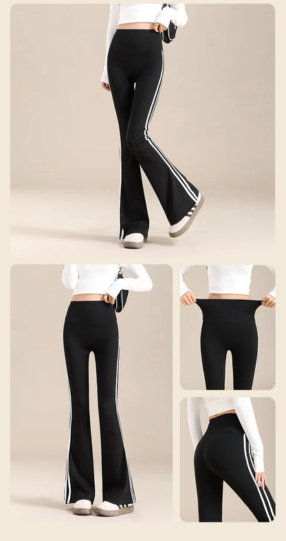 Womens High Waisted Yoga Fitness Leggings American Style Running Butt Lift Stretch Gym Workout Fashion Striped Flared Leggings.