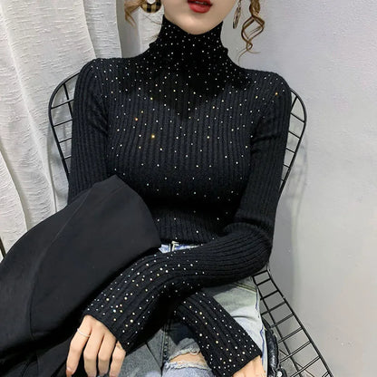 Women Clothing Fashion Elegant Turtleneck Pullover Autumn Winter Solid Slim Long Sleeve Sweater Office Lady Casual Dignified Top.
