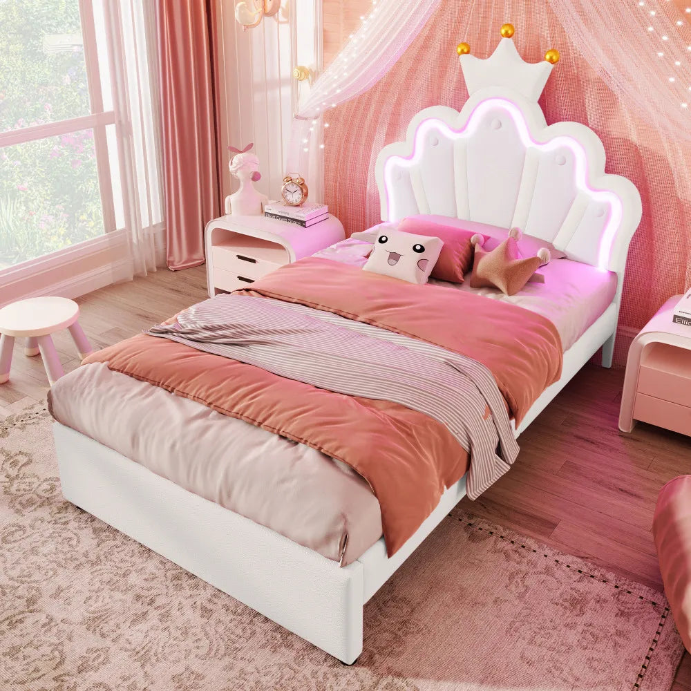 Polsterbett ohne Matratze, ferngesteuertes Umgebungslichtbett mit 2 Schubladen, kronenförmiges Prinzessinnenbett, verstellbarer Kopf, PU, Weiß