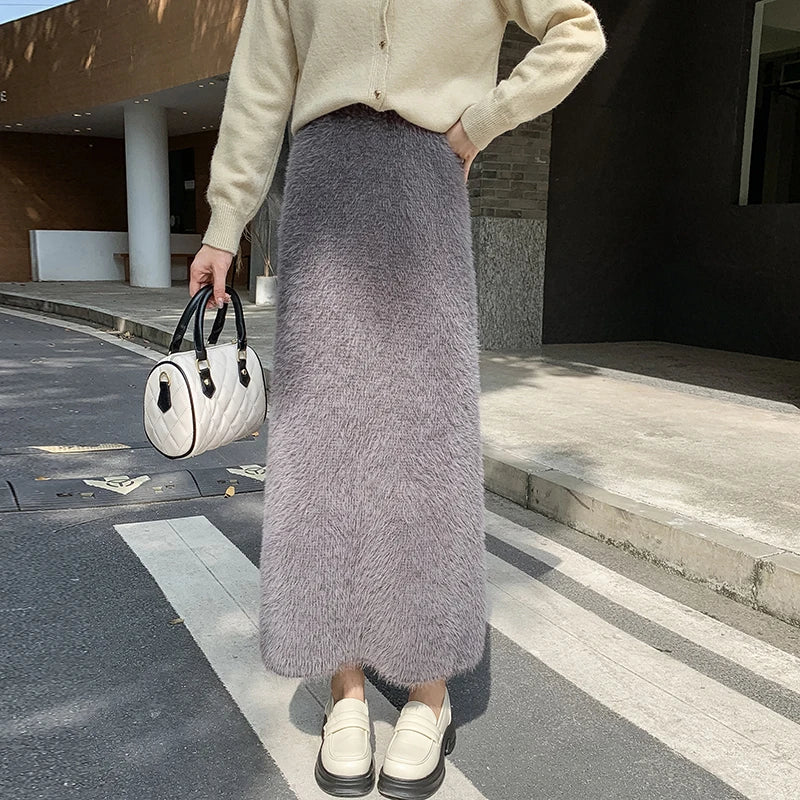 Autumn Winter New Knit Long Skirt Women Casual Thick Korean High Waist Soft A-Line Skirt
