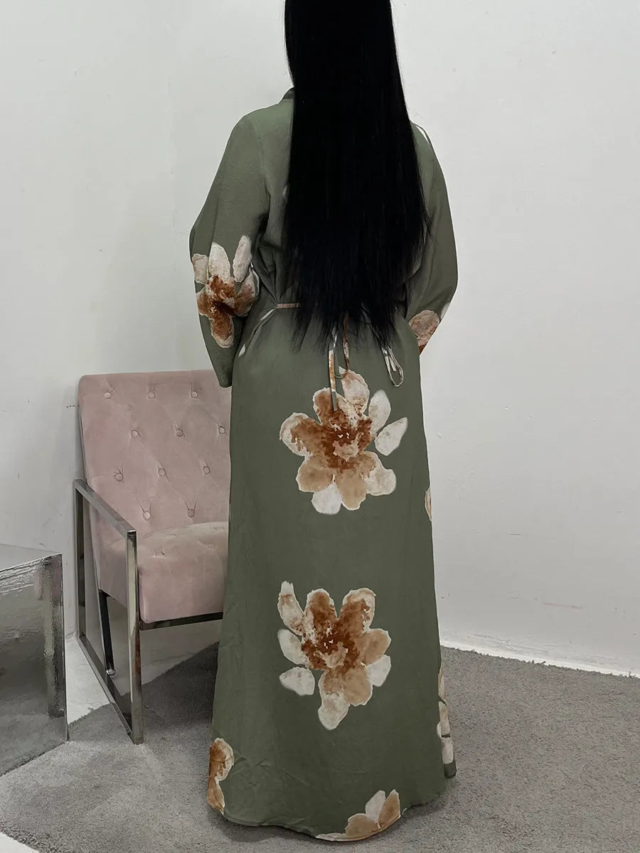 Women Arabic Eid Muslim Dubai Abaya Luxury Fashion Flower Print Maxi Dress Ramadan Robe Femme African Islam Clothing Kebaya.