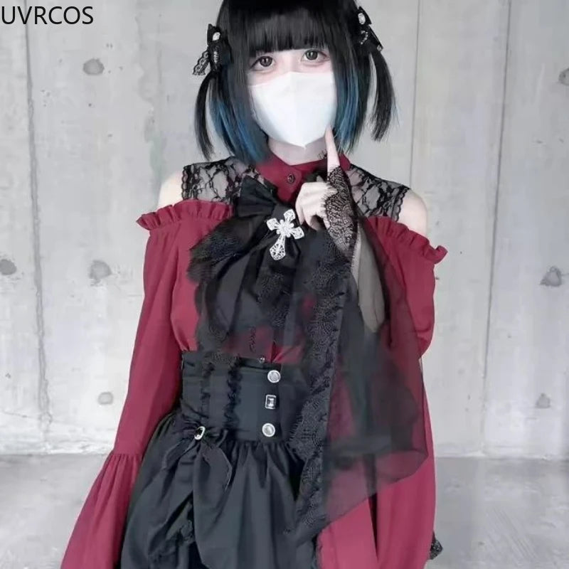 Gothic Y2k Lolita Style Shirts Women Kawaii Ruffled Collar Flare Long Sleeves Blouse Female Japanese Victorian Vintage Slim Tops.