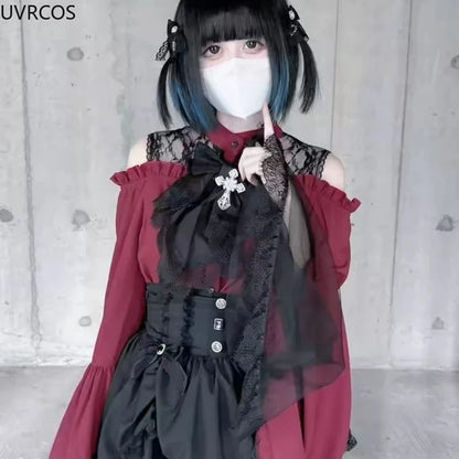 Gothic Y2k Lolita Style Shirts Women Kawaii Ruffled Collar Flare Long Sleeves Blouse Female Japanese Victorian Vintage Slim Tops.