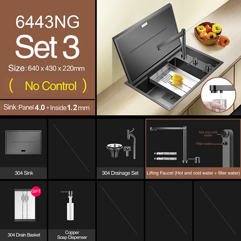 Nanometer Black Hidden kitchen Sink SUS 304 Stainless Steel 4mm Thickness Flip Cover Hidden Handmade kitchen Sinks