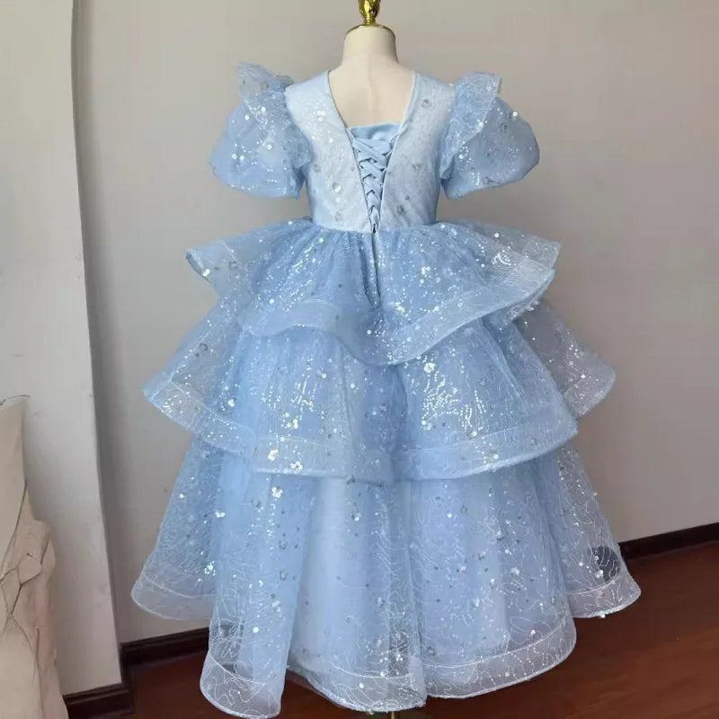 Mädchen Kleid 2025 Neue Frühling Elsa Baby Prinzessin Kleid Puffy Tüll Blau Geburtstag Kleine Host Leistung.