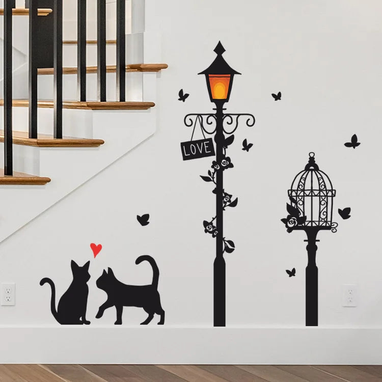 Cartoon Street Lamp Cat Wall Sticker Living Room Entrance Background Home Decoration Bedroom Decor Decal Self Adhesive Wallpaper.
