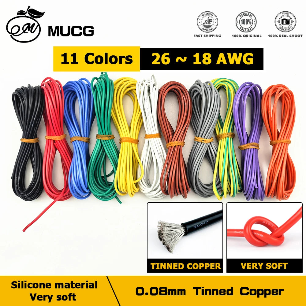 11Colors Heat-resistant Silicone wire Ultra soft Electrical wires Electronic componen cable DC led 18awg 20awg 22awg 24awg 26awg.