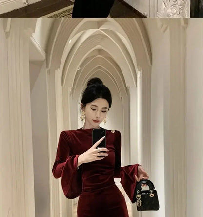 Internet Celebrity High-End-Samtkleid Leichtes, temperamentvolles, hoch tailliertes, schlankes, burgunderrotes Fischschwanzkleid.