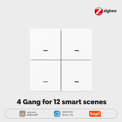 MOES ZigBee Szenenschalter, 4-fach, kabellos, 12 Drucktasten, Tuya-Controller, Automatisierungsszenario, batteriebetrieben, funktioniert mit Smart Life