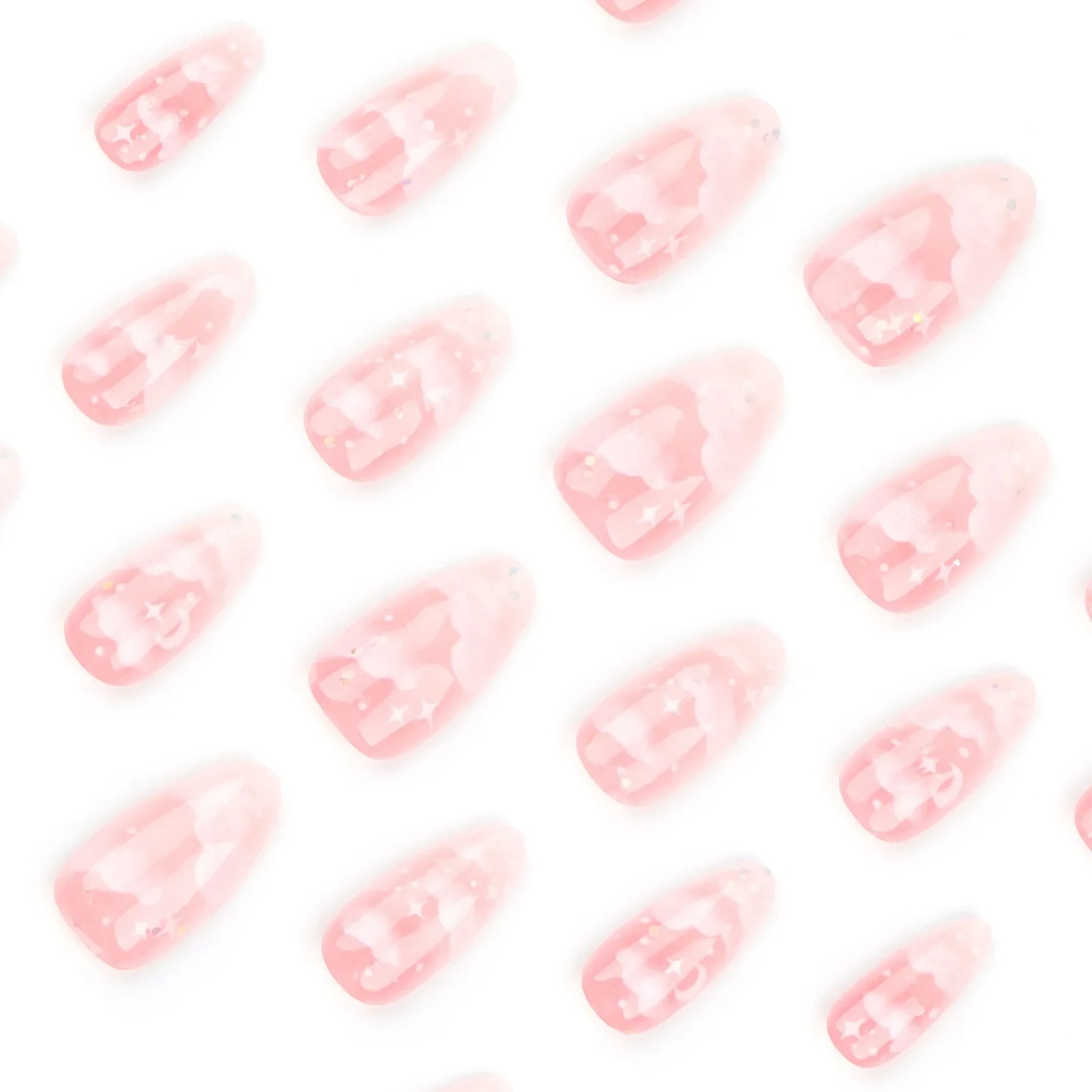 24Pcs Pink Cloud Sweet Star Moon Acrylic Nails Press on Almond Wearable Full Cover False Nails Art Tips Fingernail Beauty.