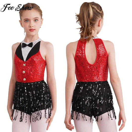 Kind Mädchen Ärmellose Glänzende Pailletten Quaste Boyshorts Kleid Latin Jazz Dance Cha-cha Samba Bühne Leistung Kostüm Dancewear.