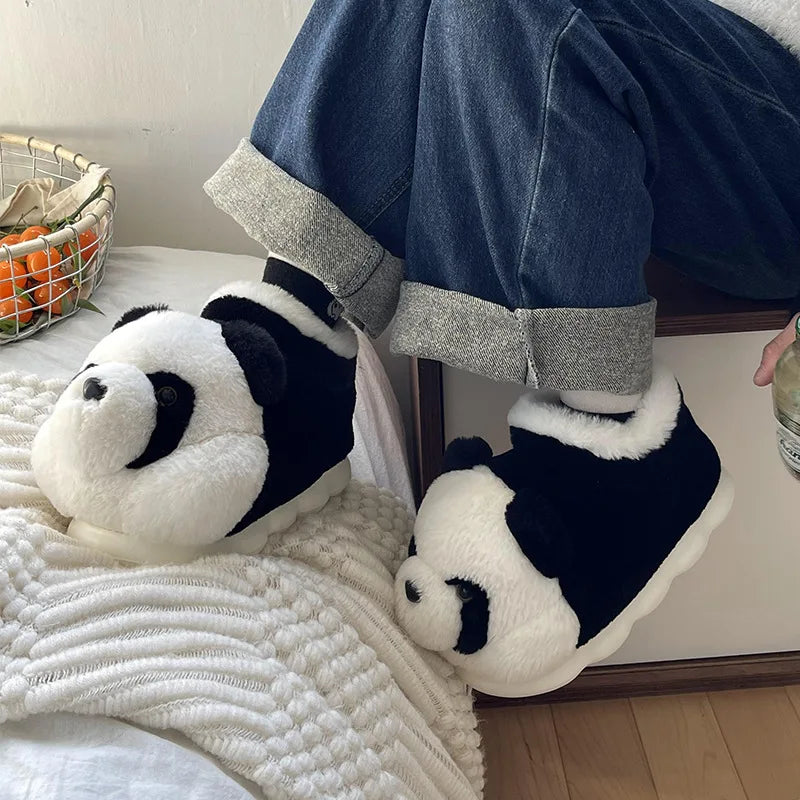 New Women Indoor Fluffy Slippers Cute Cartoon Panda Winter Warm Shoes For Couples Soft Plush Light Weight Women Men Home Slipper.