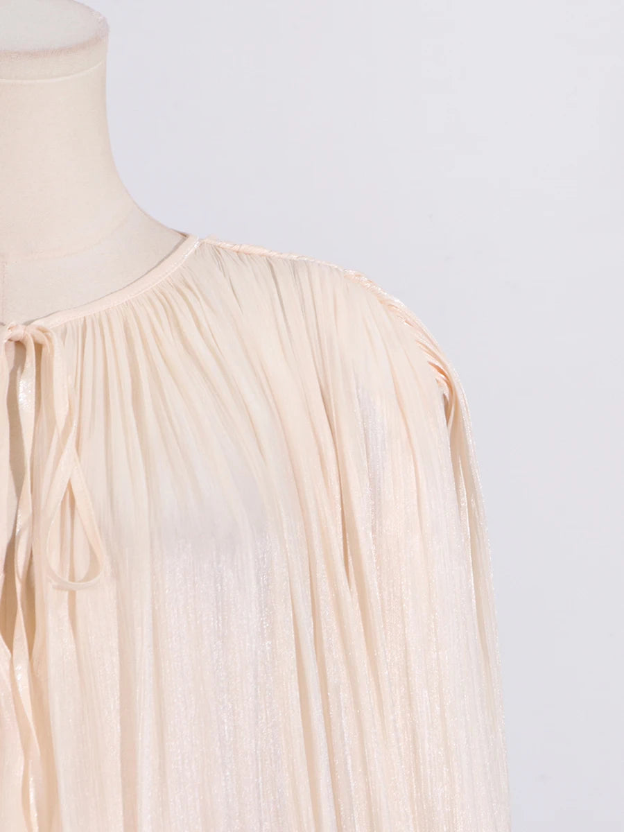 GALCAUR Solide Lose Splicd Lace Up Kleider Für Frauen V-ausschnitt Mit Langen Ärmeln Patchwork Rüschen Tunika Kleider Weibliche Mode Neue