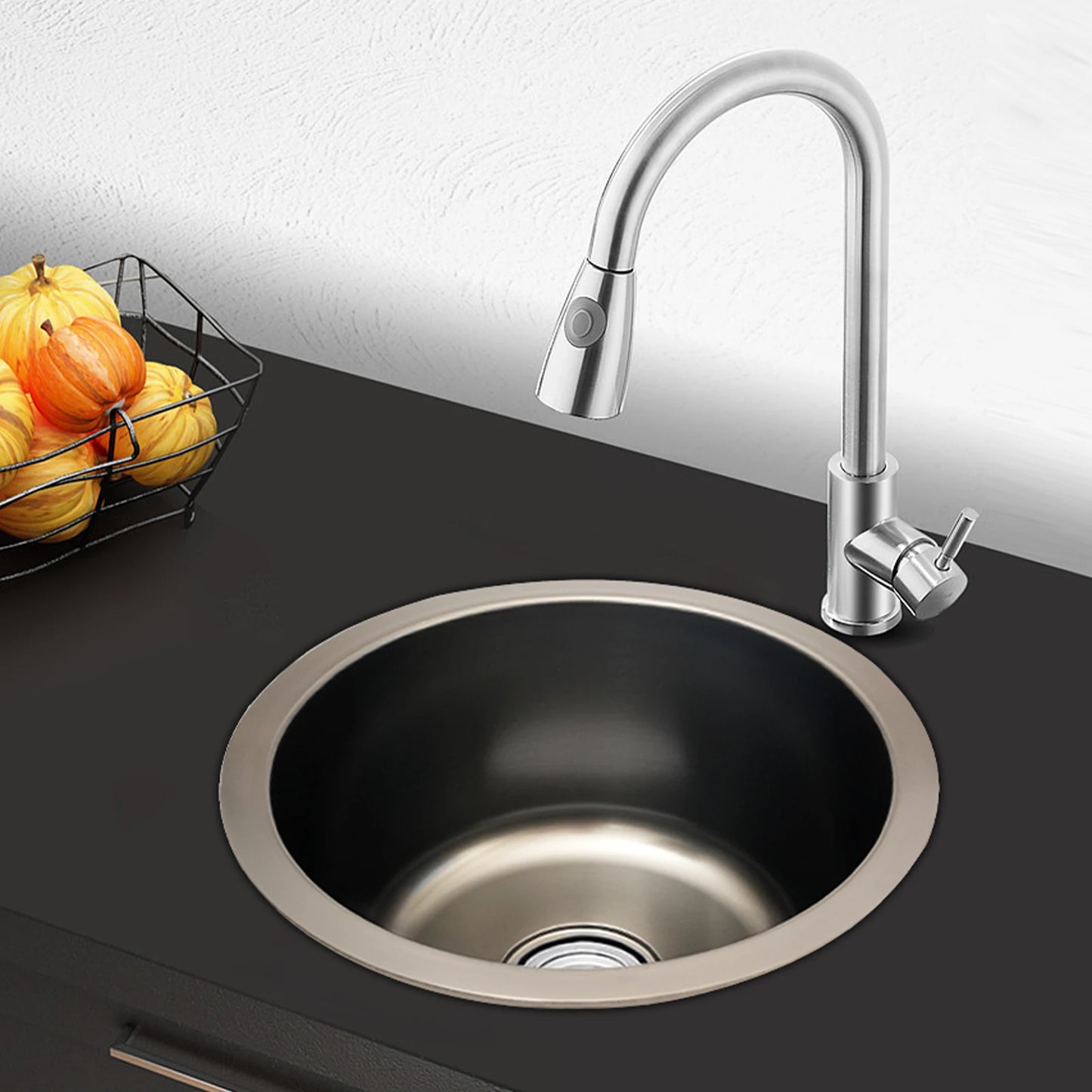 36 cm großes Edelstahlspülbecken, 18 cm tiefes rundes Küchenbecken mit Überlauf, geruchshemmender Abfluss, Einzelschüssel, Küchenspüle für Zuhause und Café