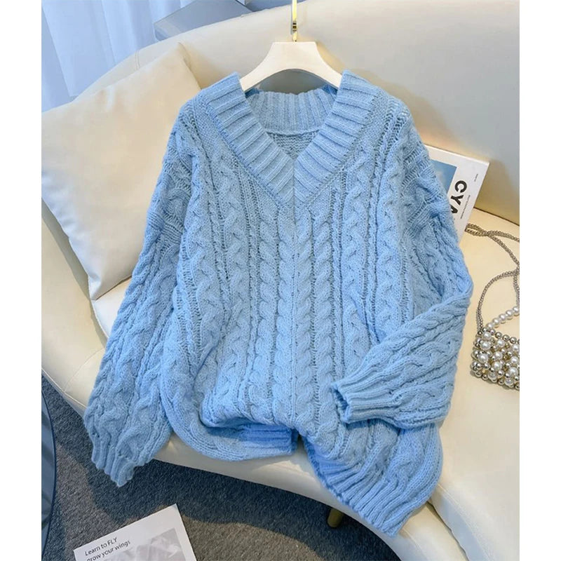 MEXZT Harajuku Pullover Frauen Mode Übergroßen Rosa V-ausschnitt Gestrickte Pullover Koreanische Langarm Strickwaren Winter Casual Jumper.