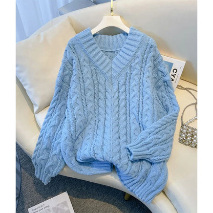 MEXZT Harajuku Pullover Frauen Mode Übergroßen Rosa V-ausschnitt Gestrickte Pullover Koreanische Langarm Strickwaren Winter Casual Jumper.