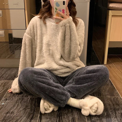 Winter Fleece Women Pajamas Set  Sleepwear Solid Velvet 2 Piece Pant Home Suit Fluffy Casual Warm Flannel Night Wear.