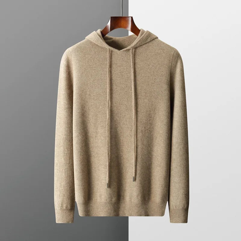 Autumn Winter New Merino Sweater Men's 100% Wool Hooded Collar Knitted Pullover Casual long Sleeved Hoodie.