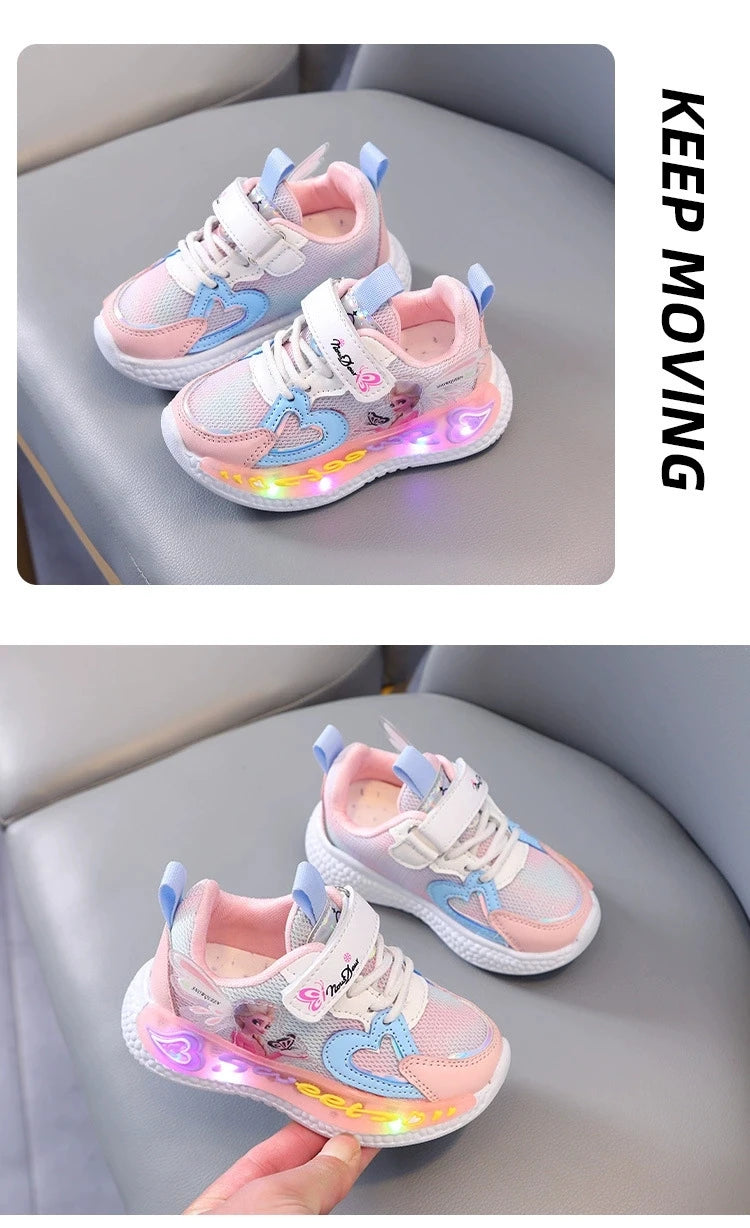 Disney Children Led Shoes Kids Girls Sneakers Frozen Elsa Princess Lighting Shoes Pink Purple Casual Sports Shoes Size 21-31.